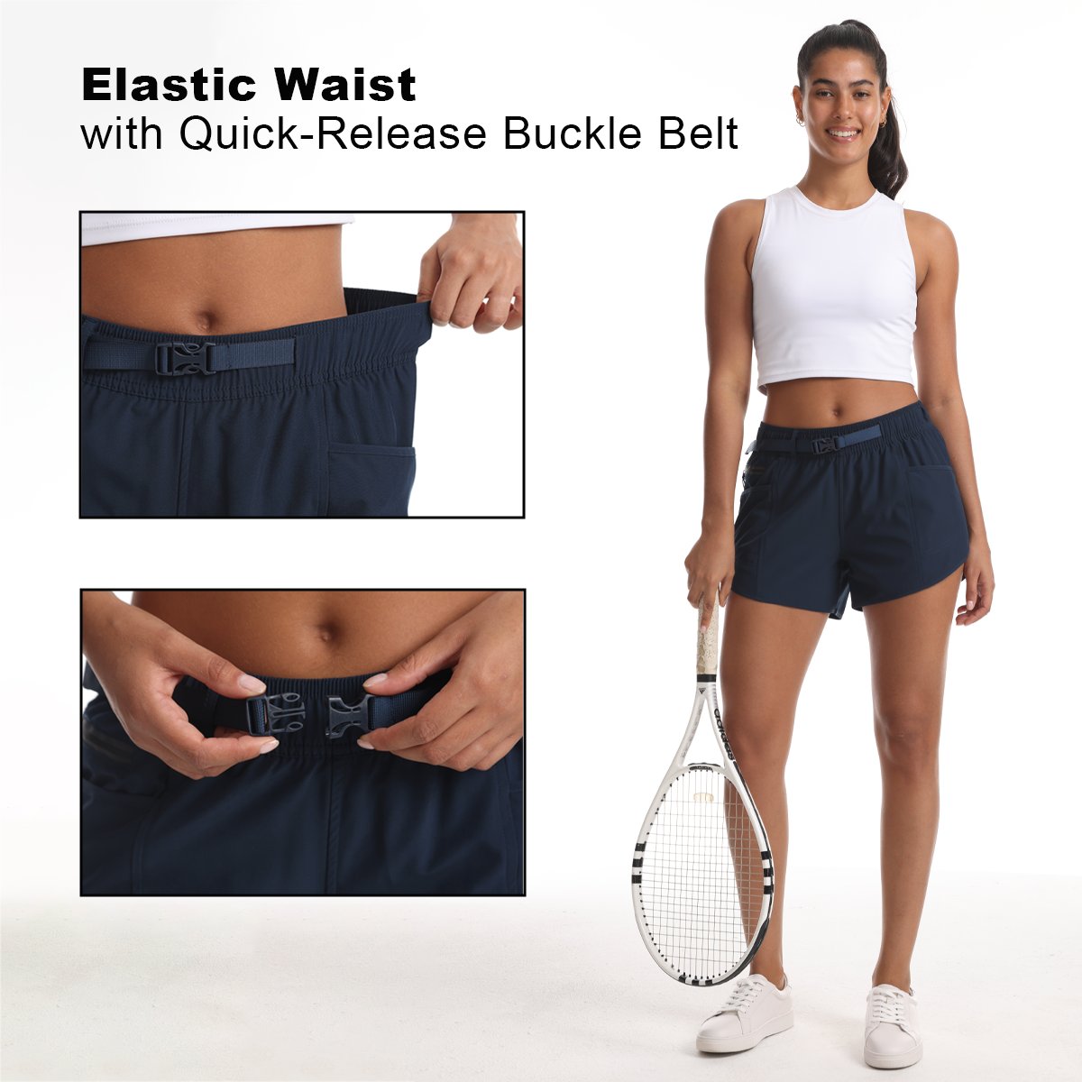 Close-up of the 2531's belted waistband with quick-release buckle